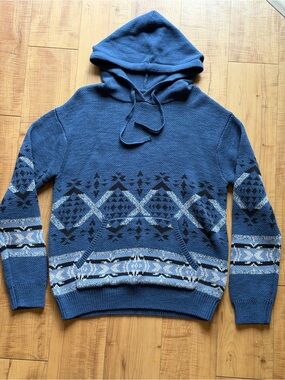 Lucky Brand Blue Fair Isle Knit Hooded Sweater Men’s Medium 100% Cotton NWT